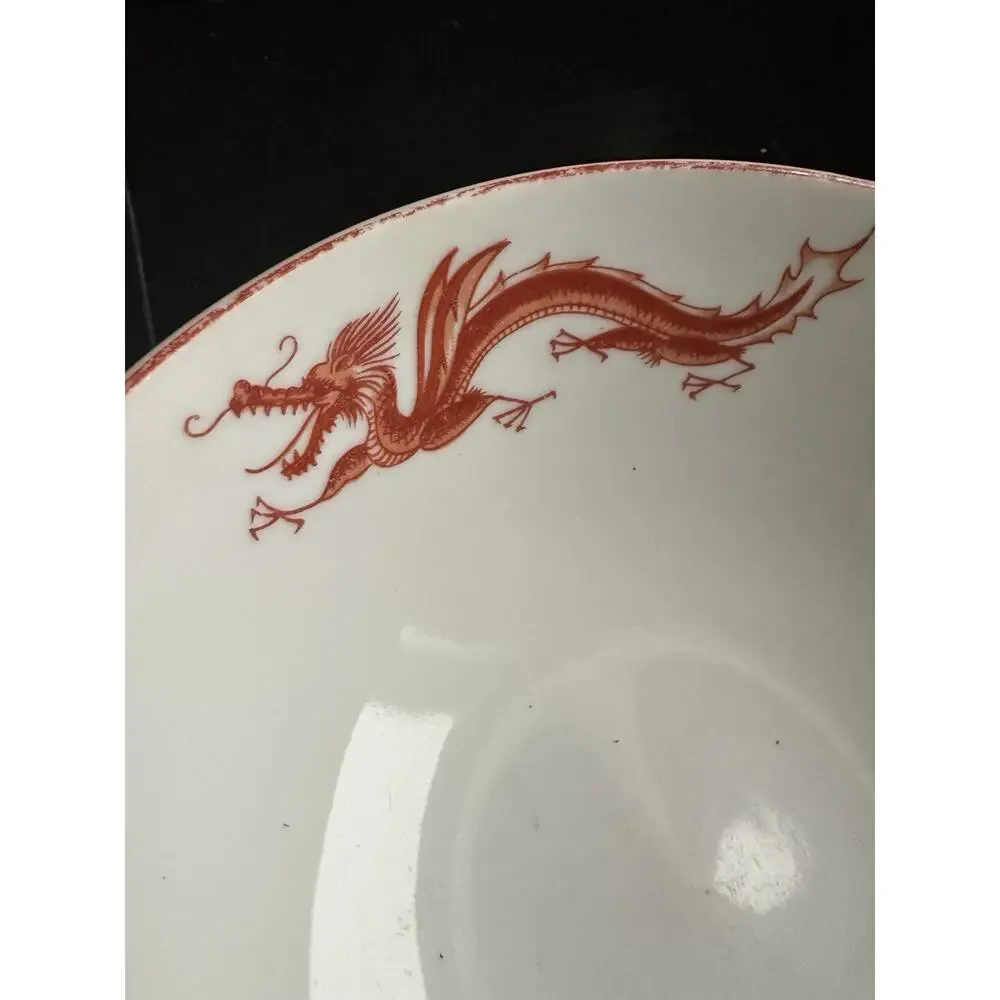 Vtg Chinese Porcelain Bowl Dragon Phoenix‎ Double Happiness Red Seal 435 Mark 7”